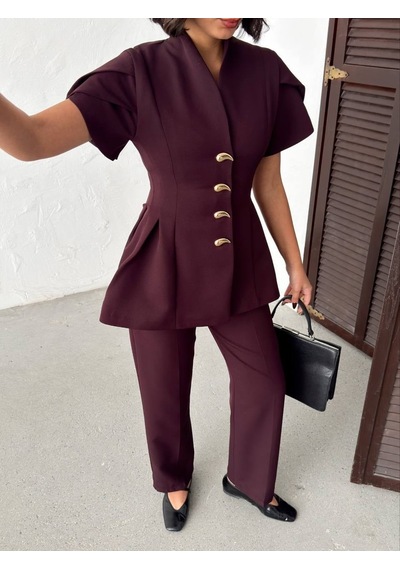 Duygudan Gold Düğme Detaylı Peplum Kesim Şık Kadın Takım - Mürdüm Çok Renkli
