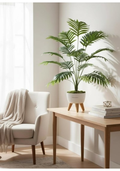 Yapay Çiçek Salon Bitkisi Areka 80cm 18 Yaprak Beyaz Zigon Saksıda Yeşil