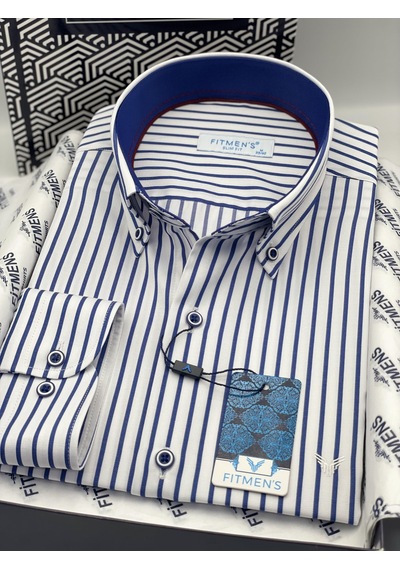Slim Fit Uzun Kol Premium Kalın Çizgili Yaka Düğmeli Hediye Kutulu Kolay Ütülenebilir Erkek Gömlek Fs-001375 - Beyaz Saks Mavi-1491