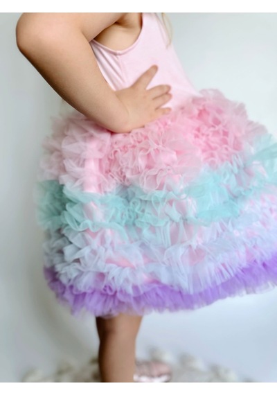 Linola Baby Kids Rainbow Tütü Etekli Kısa Kollu Çocuk Elbisesi Pembe