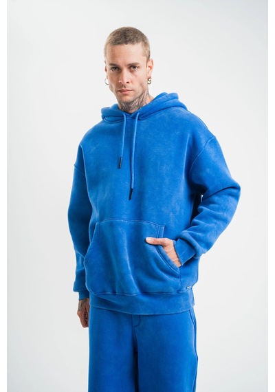 Barlashive Erkek 3 İplik Pamuklu Oversize Kapüşonlu Yıkamalı Hoodie Sweatshirt - Mavi Çok Renkli