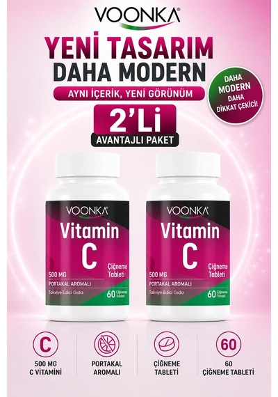 Voonka Vitamin C Çiğneme Tableti Vitamin C İçeren Portakal Aromalı 60 Tablet 2 Adet