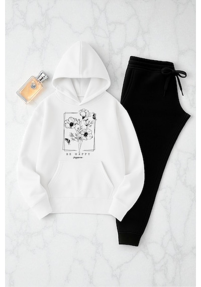 Uyguntarz Unisex Be Happy Baskılı Oversize Sweatshirt Takım Beyaz