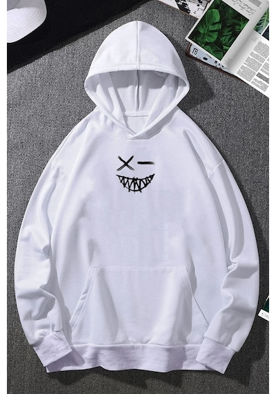 Uyguntarz Cartoon Graphic Thermal Lined Drawstring Sweatshirt beyaz