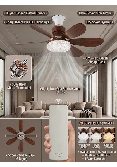Crystal Aura 52 Cm Ultra Sessiz Ahşap Renk Led Tavan Vantilatörü 3 Kademeli Bakır Motor Kumandalı Kristal Avize Vantilatör