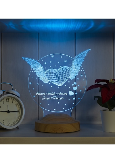 3D Led Lamba 3Boyutlu Melek Annem Kanatlı Kalp Kişiye Özel Hediye
