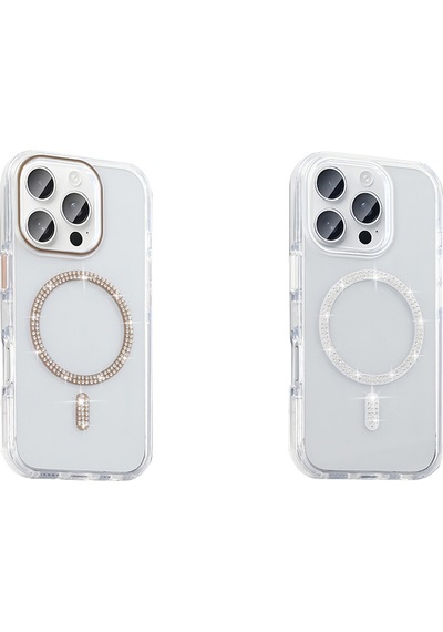 Apple Uyumlu iPhone 15 Pro Max Kılıf Taşlı Tasarım M-safe Şarj Özellikli Mkst Koment Silikon Kapak - Gümüş Gümüş