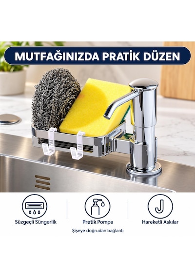 Ankastre Sıvı Sabunluk Pompası Süngerlikli Uzun Hortumlu Krom Mutfak Sabun Dispenseri Gümüş