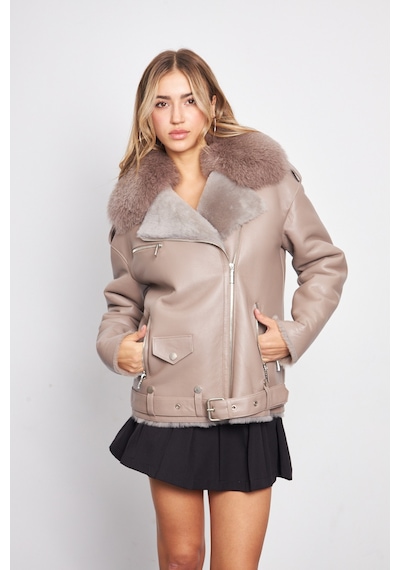 M M Marki Marki Kadın Vizon Deri Mont - 73 Cm, Hakiki Deri, İçi Kürklü, Kemerli, Oversize, Yakası Özel Kürklü