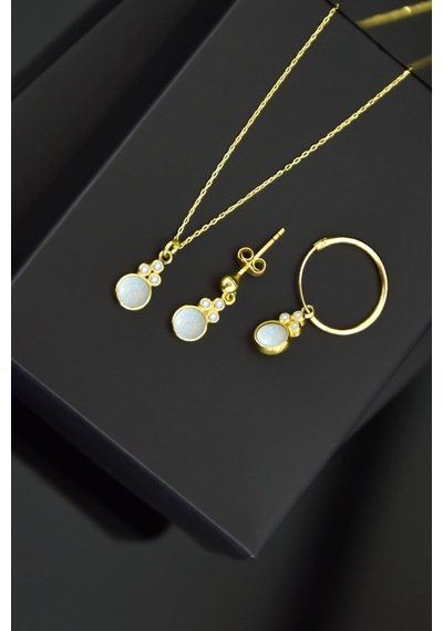 Papatya Silver 925 Ayar Gümüş Gold Kaplama Beyaz Opal Yuvarlak Kolye Çivili ve Halka Küpe Set