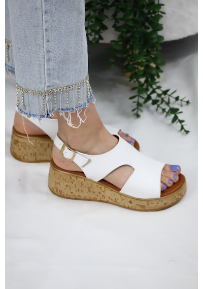 Asmi Shoes Kadın Elena Mantar Taban Ortopedik Sandelet Beyaz Beyaz