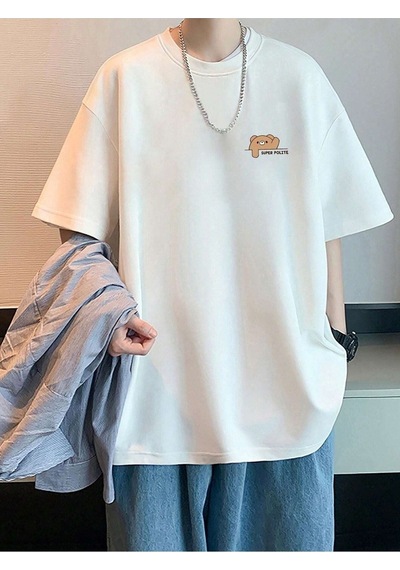 Unisex Beyaz Oversize Super Polite Bear Baskılı Örme T-shirt Beyaz