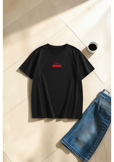 Uyguntarz Unisex With Love Cherry Baskılı Tasarım Oversize Tişört Siyah