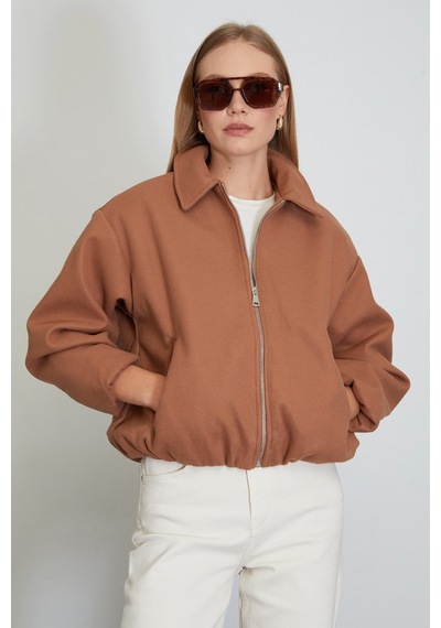 Fullamoda Fermuarlı Cepli Polo Yaka Kaşe Bomber Mont Taba