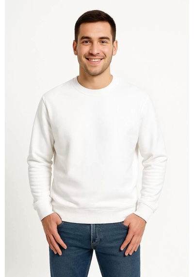 Erkek Üç İplik Düz Bisiklet Yaka Sweatshirt - Beyaz Beyaz