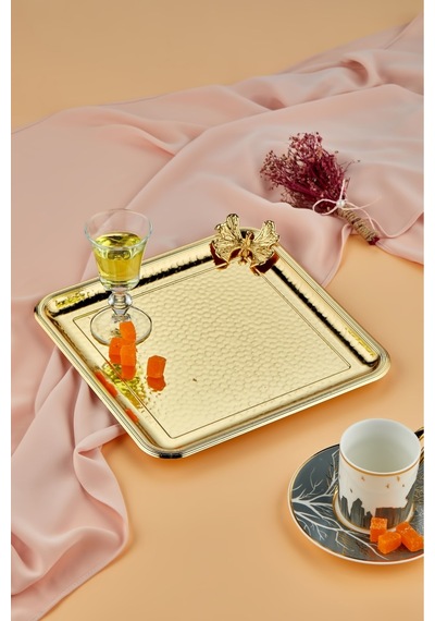Cooker 25 Cm Kelebekli Metal Kare Gold Sunum Tepsisi Ckr3175 Diğer