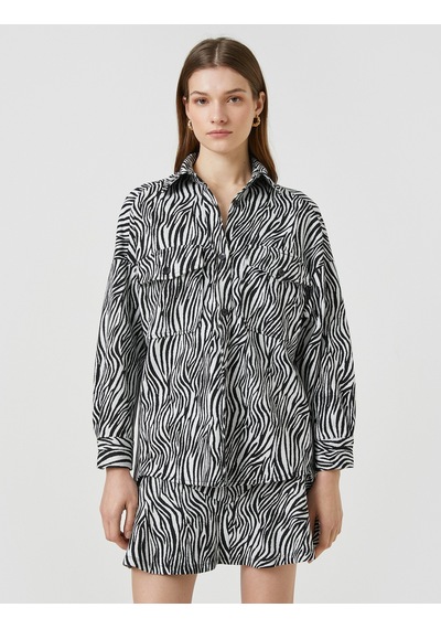 Koton Zebra Desenli Gömlek Cepli Uzun Kollu Siyah Desenli 3sak60014ek Siyah