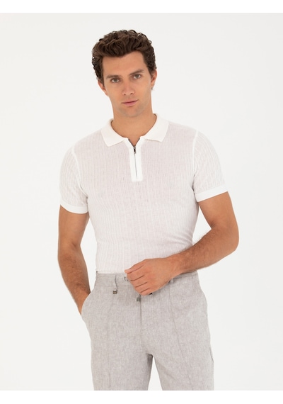 Beyaz Slim Fit Polo Yaka Triko T-shirt