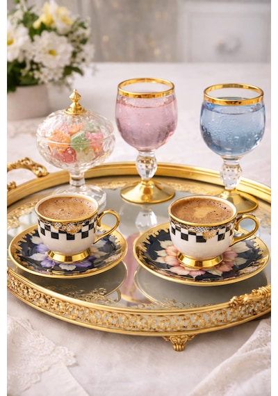 Porselen Gold Ayaklı Renkli Tombul Dama Desenli 6 Lı Türk Kahve Fincan Takımı-balsa Fincan Takımı Sarı - Çok Renkli Porselen Gold Ayaklı Renkli Tombul Dama Desenli 6 Lı Türk Kahve Fincan Takımı-balsa Fincan Takımı Sarı - Çok Renkli