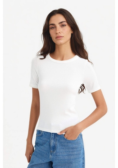 Defacto Slim Fit Dar Kesim Bisiklet Yaka Basic Düz Fitilli Kaşkorse Kısa Kollu Tişört C0097ax25auer105 Ekru