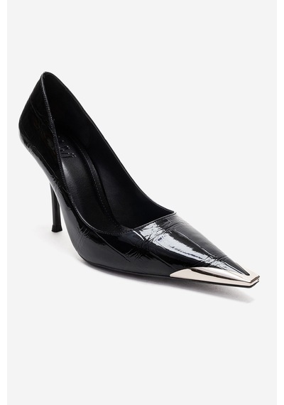 Luvishoes Alvena Siyah Baskı Önü Metal Detaylı Kadın Topuklu Ayakkabı Siyah