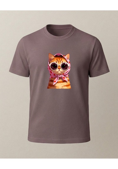 Başörtülü Sarı Kedi -sarman- Baskılı T-shirt Kahverengi