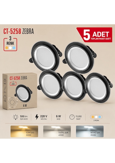 Ct-5257 Zebra Led Spot 3 Renk Işık Siyah Kasa 5 Adet Beyaz
