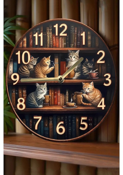 Sessiz Yuvarlak Ahşap Duvar Saati, Kuvars Hareketli 2d Kedi Desen Sdw018 Renkli