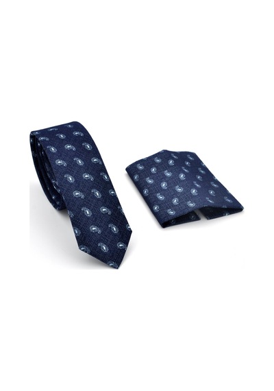 Gaffy Mavi Şal Desenli Lacivert Dokuma Kumaş Mendilli Slim Fit Kravat // Sdk-240808 Desenli