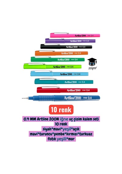 0.4 Mm Artline 200n İğne Uç Çizim Kalem Seti 10 Renk