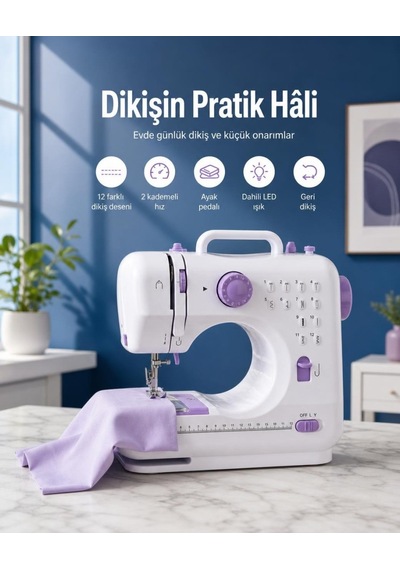Ev Tipi Kullanım İçin 12 Farklı Dikiş Desenli Mini Dikiş Makinesi Ayak Pedallı Led Işıklı