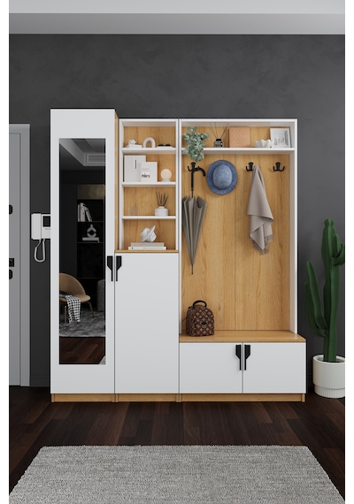 Lüks Aynalı Portmanto Askılı Vestiyer %100 Mdf Çok Raflı Ayakkabılık V03 Beyaz - Karına Lüks Aynalı Portmanto Askılı Vestiyer %100 Mdf Çok Raflı Ayakkabılık V03 Beyaz - Karına