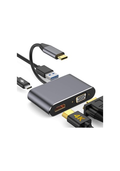 8053 4in1 Usb C Hdmı Vga Adaptörü, Usb C Hub, 4k Hdmı, 1080p Vga, Usb 3.0, Usb C Pd Şarj, Bütün Marka Modellere Uyumlu