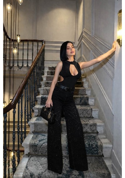 Glammoss L'atelier Yüksek Bel Taş Detaylı Wide Leg Jean Blackshine Blackshine