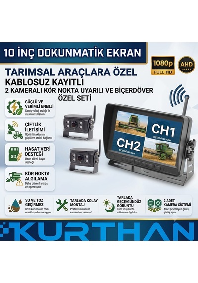 10 İnç Dokunmatik Dvr 2 Adet Kablosuz Kamera Ahd 1080p Monitör Bsd Kör Nokta Sistemli 12 24 V