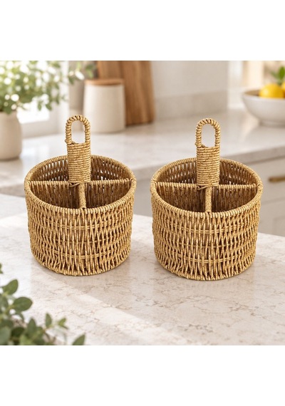 Rattan Yuvarlak Dik Bölmeli Kaşıklık -ikili Kahverengi
