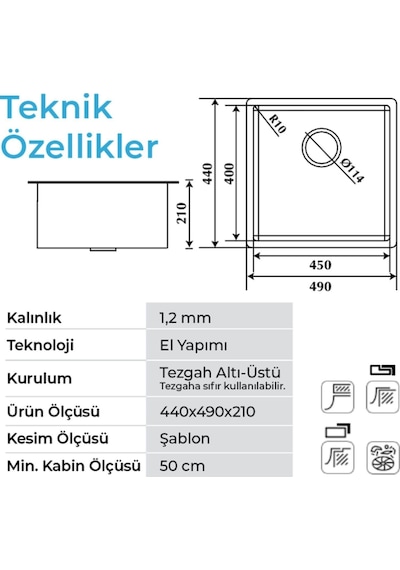 Crauf Stella 4449 Pvd Füme Siyah 40x45 El Yapımı Paslanmaz Çelik Mutfak Eviyesi Füme
