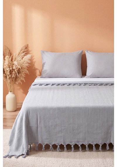 Gri Natural Çift Kişilik Baskılı Pike & Yatak Örtüsü 200x230 Cm