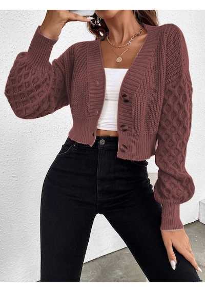 Aqe Fashion V Yaka Örgü Desenli Triko Crop Tarçın Hırka Tarçın
