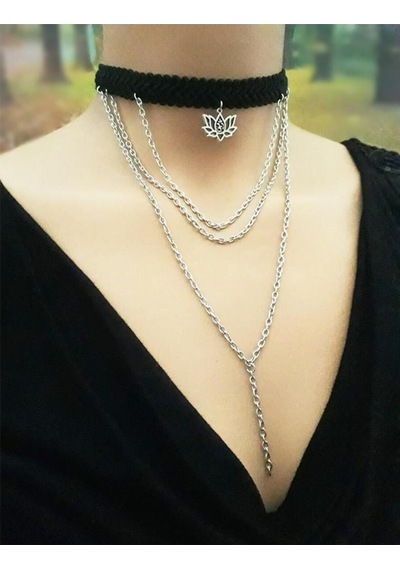 Lotus Çiçeği & Zincir & Özel Dokuma Kadın Choker Kolye Renkli
