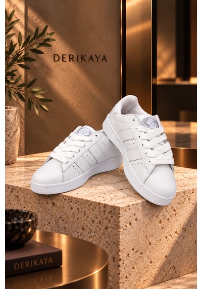 Derikaya Kadın Beyaz Bağcıklı Düz Taban Günlük Sneaker Spor Ayakkabı