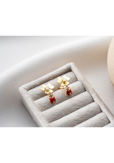 925 Ayar Uğur Böcekli Yonca Küpe.rose.gold.rodaj Gümüş