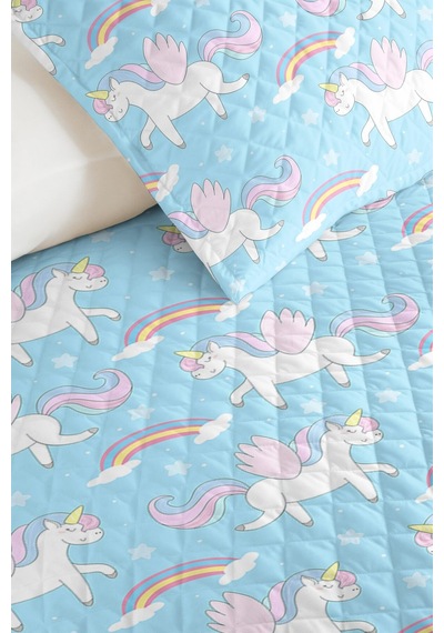 Evimde Bambaşka Mavi Unicorn Kız Erkek Çocuk Pike Takımı-gökkuşağı Pastel Pembe Bebek Odası Yatak Örtüsü-160x220 CM