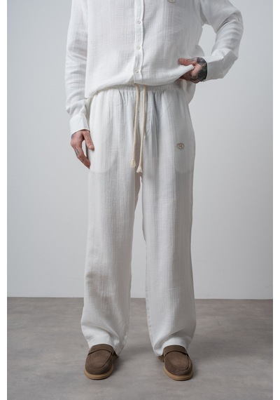 Respire Erkek R Nakışlı Müslin Baggy Pantolon Ekru