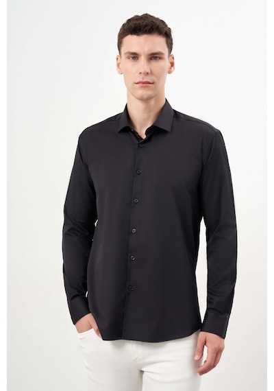 Morven Erkek Siyah Basic Düz Desen İtalyan Yaka Slim Fit Gömlek 25mc004001001 Siyah