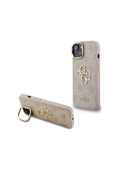 Apple Uyumlu iPhone 15 Kılıf Guess Lisanslı Metal 4g Ve Yazı Logolu Kamera Standlı Kapak Pembe