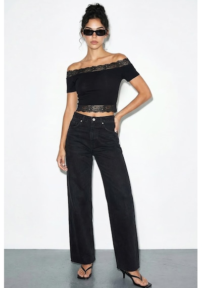 Shade Kadın Madonna Yaka Dantel Detaylı Soft Touch Crop Bluz 0992 60286052 - Siyah