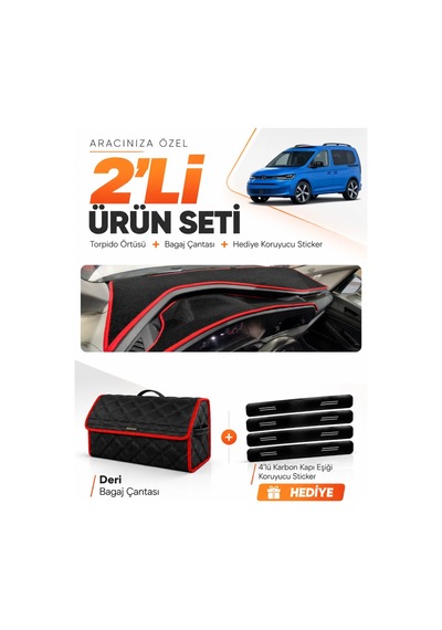 Volkswagen Caddy 2022-2026 Uyumlu Torpido Örtüsü + Deri Bagaj Çantası + Sticker - Siyah Kırmızı