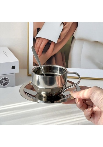 4 Paket Paslanmaz Çelik Kahve Fincanı Seti, Kaşık Ve Tabaklı 6 Oz Kahve Kupaları, Çift Duvarlı Espresso Kupalar Diğer
