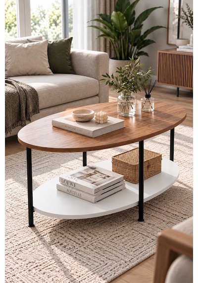 Oval Orta Sehpa 90 Cm İki Katlı Raflı Metal Ayaklı Modern Dekoratif Salon Sehpası Çam - Beyaz Oval Orta Sehpa 90 Cm İki Katlı Raflı Metal Ayaklı Modern Dekoratif Salon Sehpası Çam - Beyaz